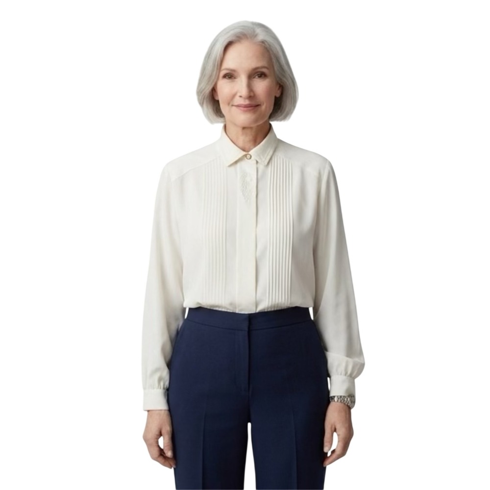 TanJay Vintage Cream Pleated Tuxedo Blouse Long Sleeve Embroidered Collar 20W